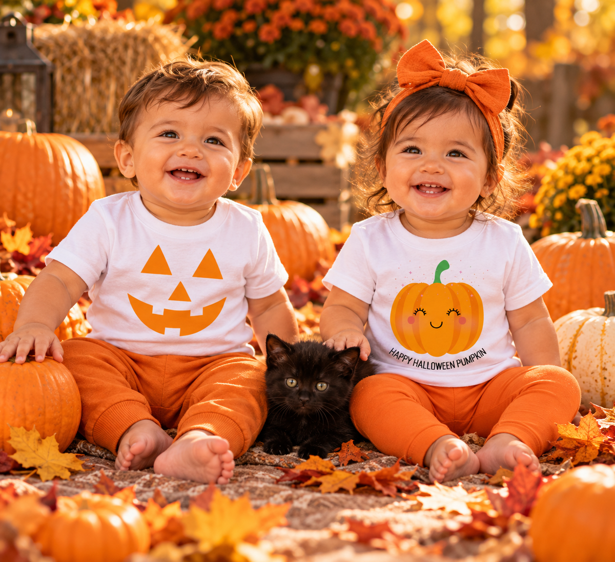 Two toddlers sitting outdoors among pumpkins and autumn leaves, wearing matching white Halloween shirts with orange pumpkin graphics and orange pants. A small black cat sits between them, and both children have orange bows in their hair.