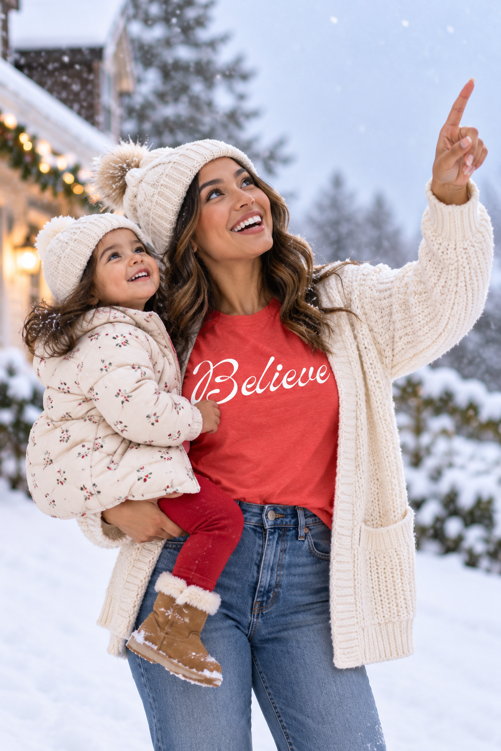 A woman and a child wearing matching cream knit beanies and a matching cream knit cardigan, with the woman also wearing a red t-shirt that says 'Believe' in white script. They are standing outdoors in the snow, pointing upward toward falling snow.