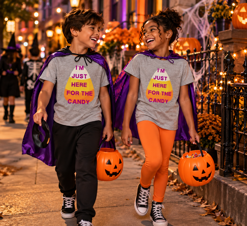 Two children walking down a Halloween-lit city street wearing gray graphic T-shirts with a candy corn design and purple capes, each holding an orange pumpkin bucket. The shirts read, "I'M JUST HERE FOR THE CANDY.