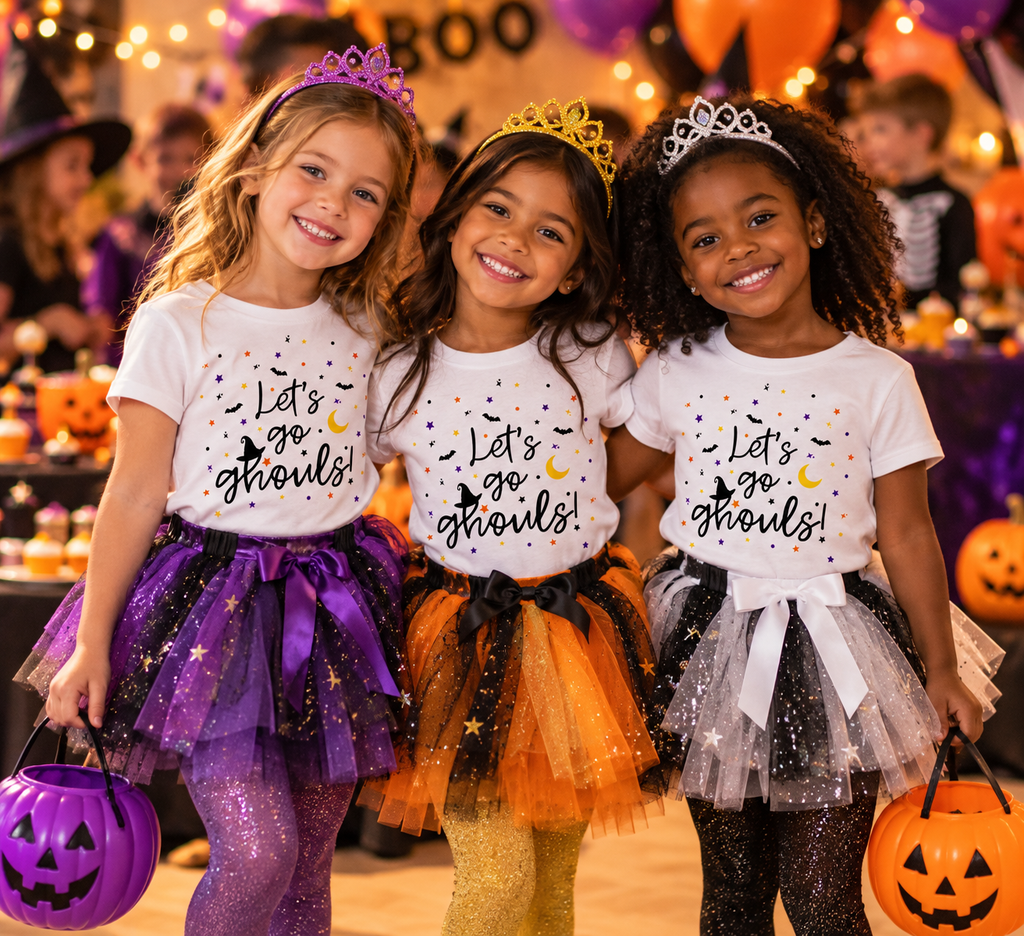 Three young girls wearing white graphic t-shirts that say 'Let's go ghouls!' with black spooky print, styled with purple, orange, and black sparkly tutus, glittery leggings, and tiaras in a festive Halloween party setting.