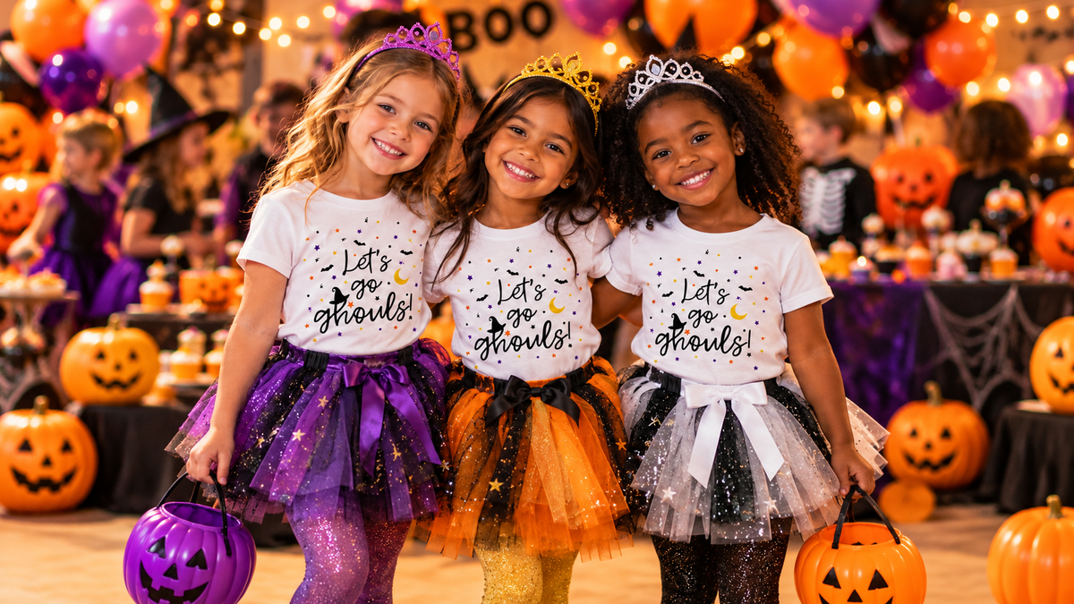 Three young girls wearing white 'Let's go ghosts!' t-shirts and Halloween costumes stand together in a festive party setting. They wear purple, orange, and black sparkly tutus with matching glittery tights, and each holds a jack-o'-lantern bucket.
