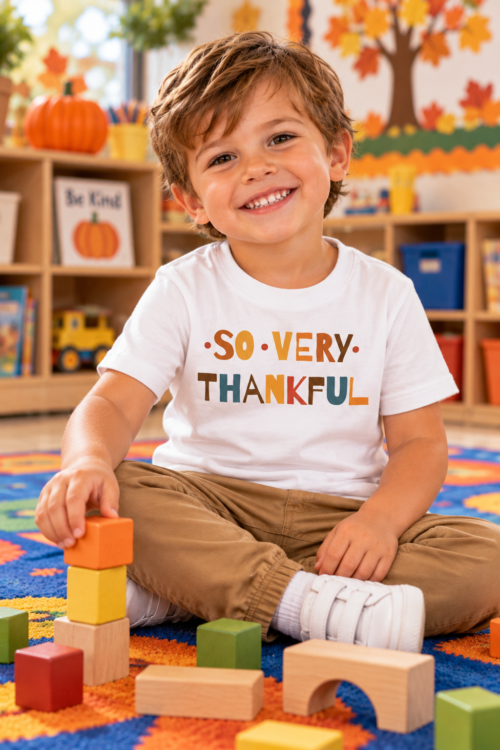 A smiling young boy sits on a colorful carpet in a classroom, wearing a white graphic t-shirt that reads 'SO VERY THANKFUL' in orange, yellow, and blue lettering. He is wearing tan pants and white sneakers, surrounded by wooden and colored building blocks.