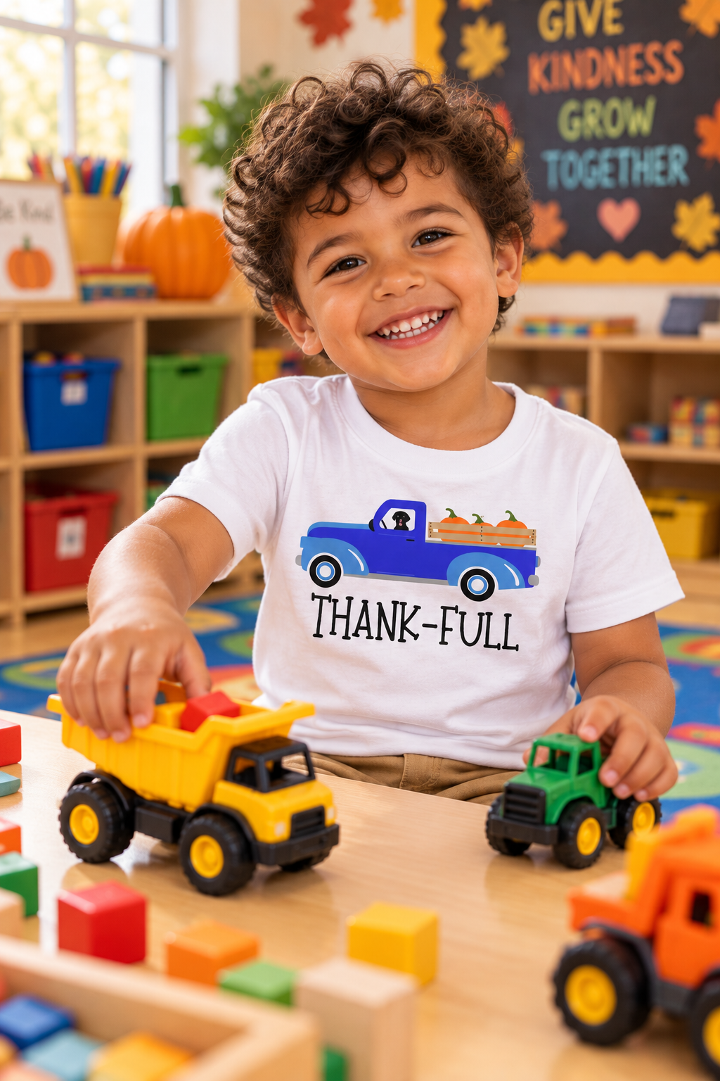 A smiling young boy sits in a classroom playing with trucks wearing a white graphic T-shirt with a blue pickup truck and the words 'THANK-FULL' on the front.