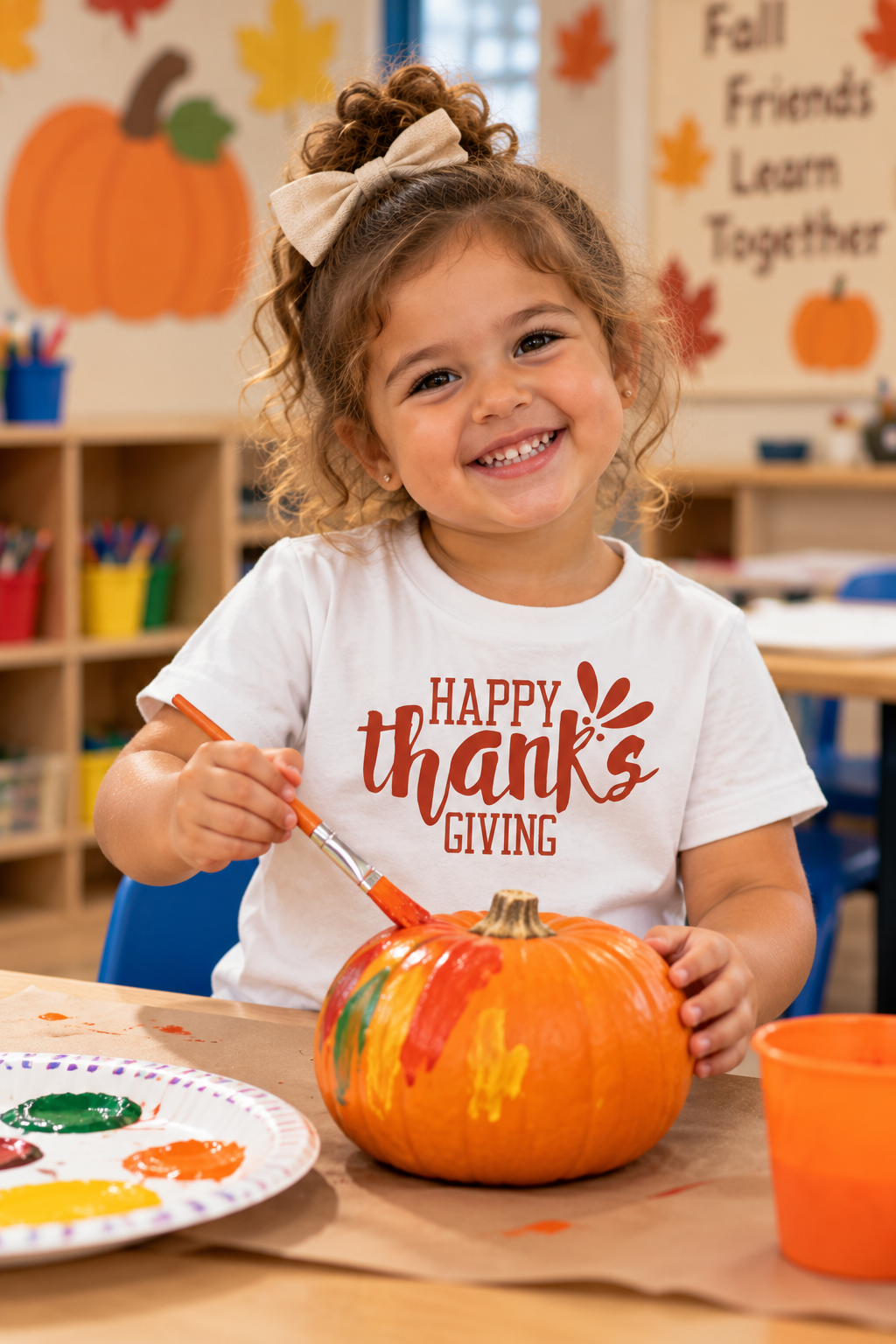 A young girl with curly hair and a beige bow smiles while painting on a small orange pumpkin at a table. She is wearing a white graphic T-shirt that reads 'Happy thanksgiving' in red and orange lettering.