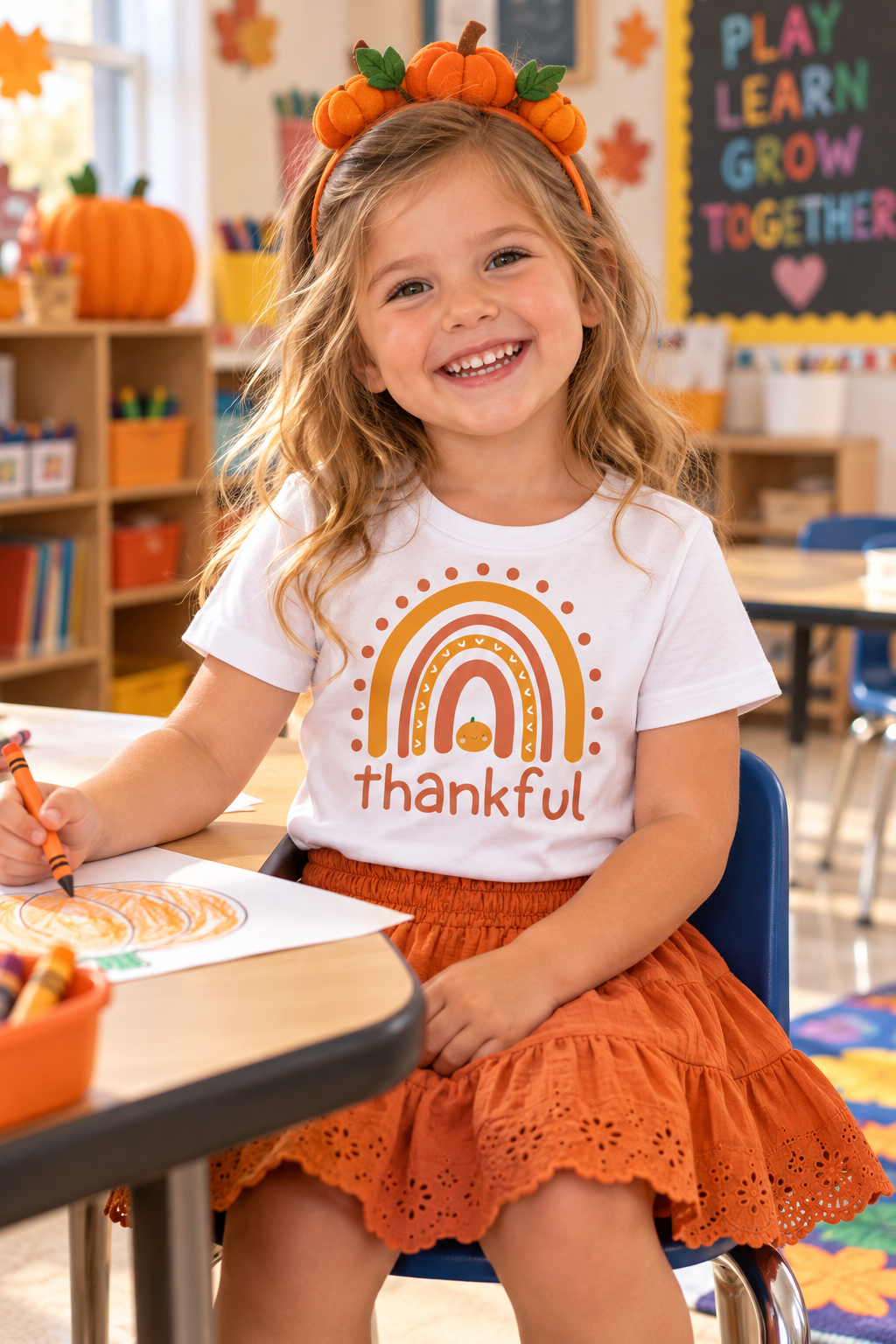 A young girl smiling in a classroom, wearing a white t-shirt with a 'thankful' autumn rainbow graphic and an orange eyelet skirt. She has a pumpkin headband on.