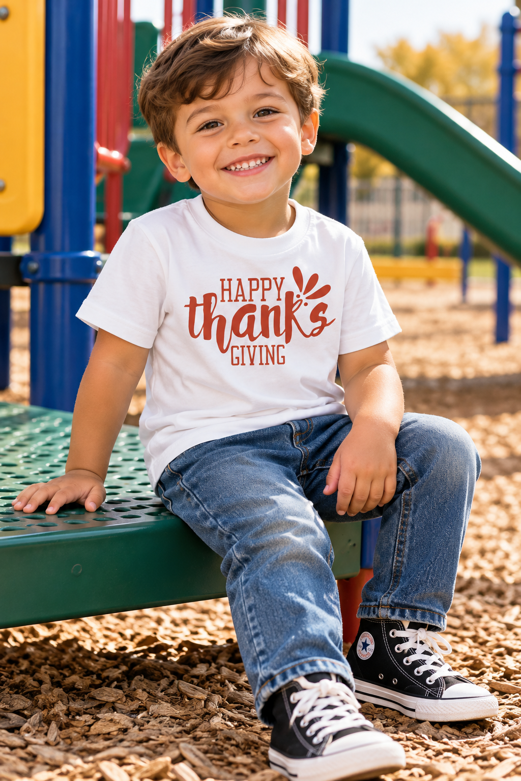 A smiling young boy sits on a playground structure wearing a white graphic t-shirt that reads 'HAPPY thanks GIVING' in red lettering, paired with blue jeans and black sneakers.