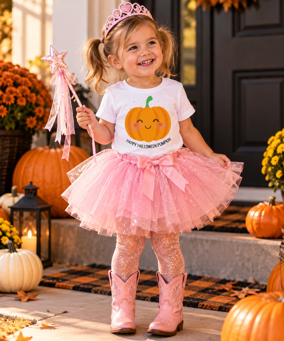 A young girl in a Halloween costume stands on a front porch surrounded by pumpkins and fall decorations. She is wearing a white graphic T-shirt with a smiling orange pumpkin and the words 'Happy Halloween Pumpkin,' a fluffy pink tutu skirt with a large pink bow, glittery pink tights, pink cowboy boots, a pink tiara, and a pink wand.