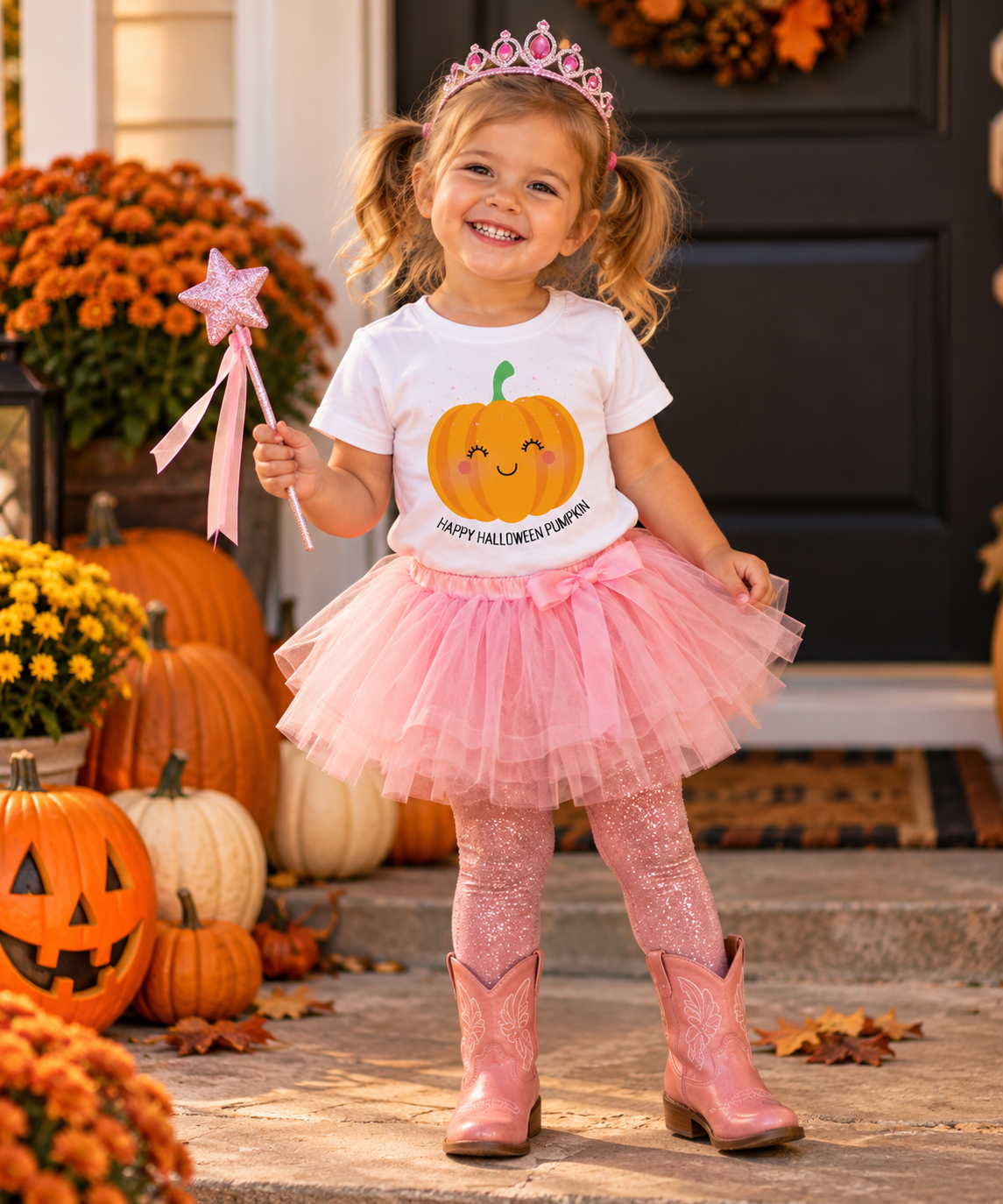 A young girl in a pink tiara and glittery pink boots stands on a front porch wearing a white graphic t-shirt with a pumpkin design that says "Happy Halloween Pumpkin", a pink tulle tutu skirt, and holding a pink star wand.