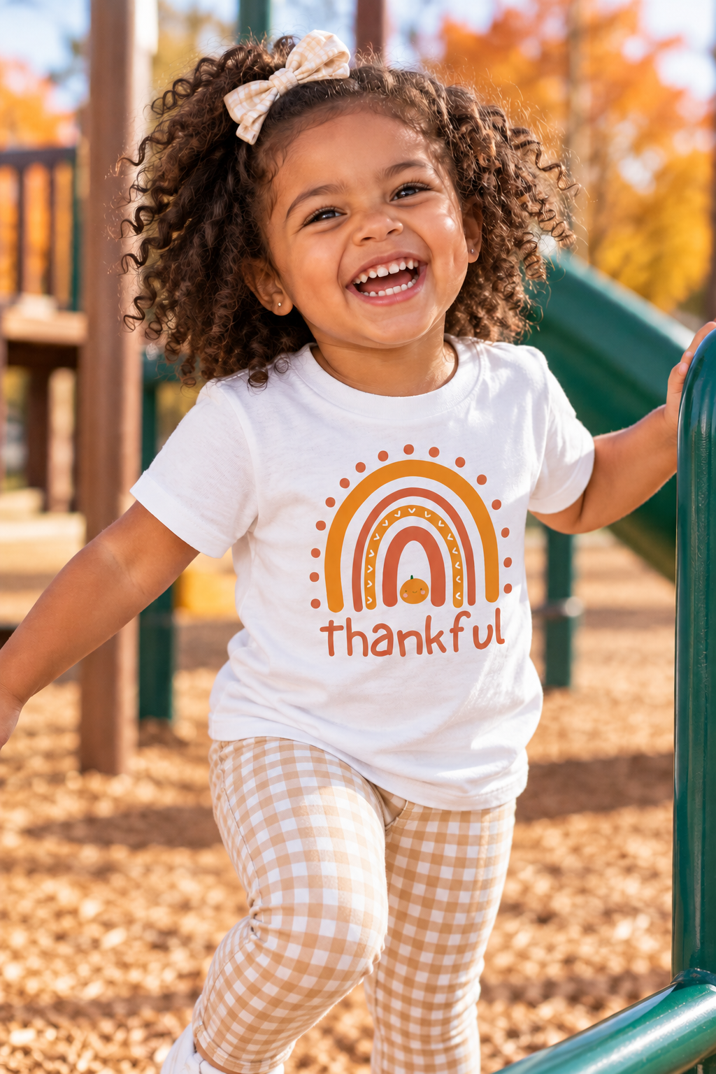 A young girl with curly hair wearing a white t-shirt with a colorful rainbow graphic and the word 'thankful' printed on the front, paired with beige and white gingham pants, smiling on a playground.