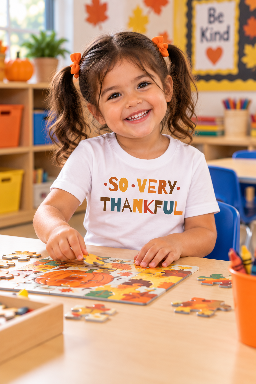 A smiling young girl sits at a table in a classroom doing a puzzle, wearing a white graphic t-shirt that reads 'SO VERY THANKFUL' in orange, yellow, and blue lettering. She has dark hair in pigtails with orange bows.