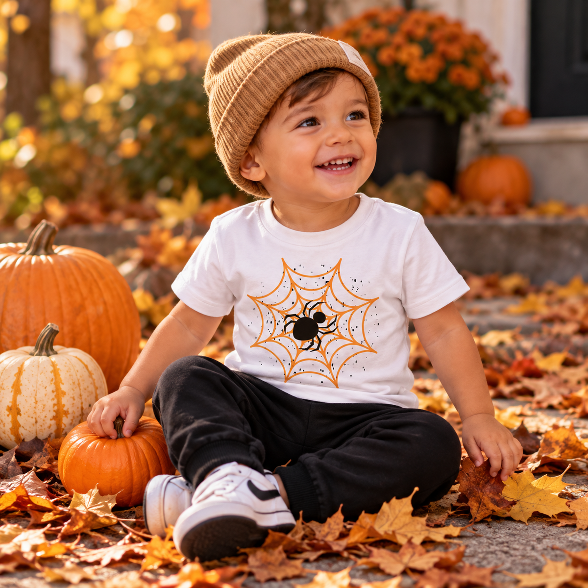 A smiling toddler sits outdoors on fallen leaves beside pumpkins, wearing a white graphic T-shirt with an orange spiderweb and black spider design, black pants, white sneakers, and a tan knit beanie.