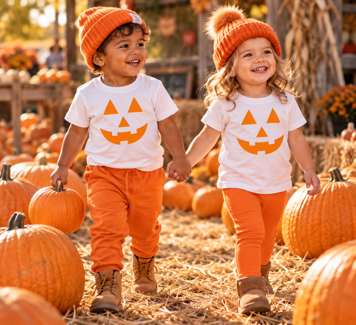 Two children walking hand in hand through a pumpkin patch, wearing matching white t-shirts with a jack-o'-lantern face graphic, bright orange pants, and orange knit beanies with pom-poms.