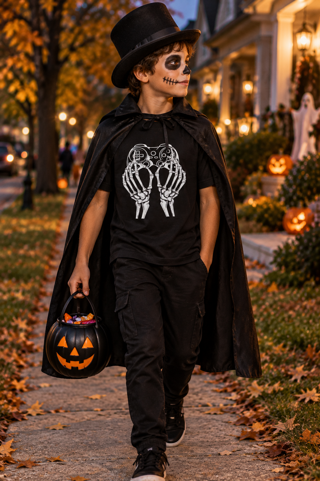 A child wearing a Halloween costume, including a black top hat, black cape, black T-shirt with a white skeleton hands graphic, and black pants, walking on a leaf-strewn path at dusk while carrying a jack-o'-lantern bucket.