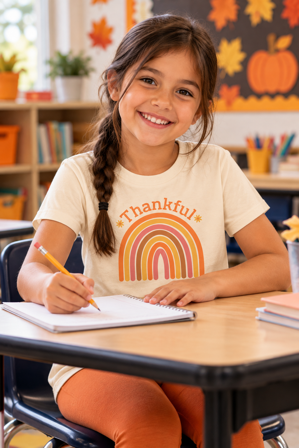 A young girl with braided hair sits at a school desk, smiling and writing in a notebook. She is wearing a cream-colored t-shirt with a colorful rainbow graphic and the word 'Thankful' printed on the front, paired with rust-orange leggings.