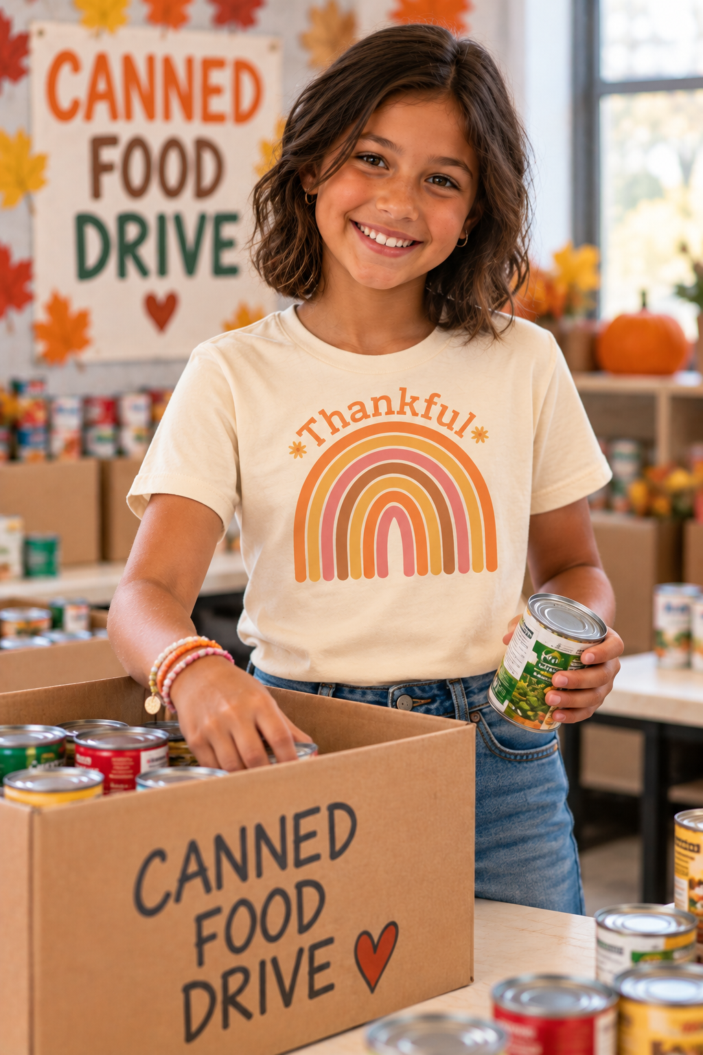 A smiling young girl stands at a table during a canned food drive, wearing a cream-colored graphic t-shirt with a retro rainbow and the word 'Thankful' in orange and yellow. She is holding a can of food next to a cardboard box labeled 'CANNED FOOD DRIVE' with a heart, with a 'CANNED FOOD DRIVE' sign and autumn decorations in the background.